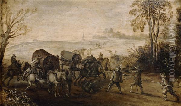 L'attaque De La Diligence, Grisaille Oil Painting - Pieter Snayers