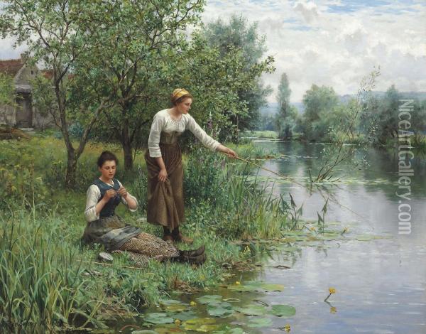 Two Women Fishing Oil Painting - Daniel Ridgway Knight