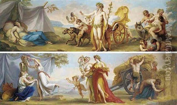 The Triumph Of Bacchus And Ariadne, With Cherubs In Attendance, In A Coastal Landscape Oil Painting - Antonio Zucchi