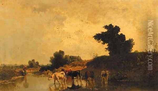 Cattle fording a pond in summer Oil Painting - Joseph Wenglein