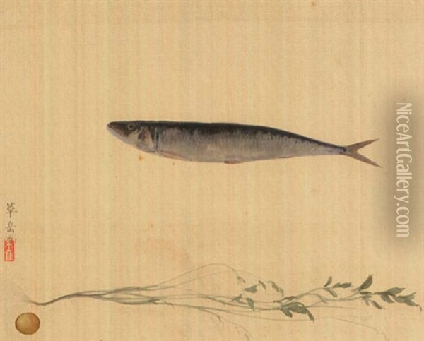 Sardine And Vegetables Oil Painting - Kagaku Murakami