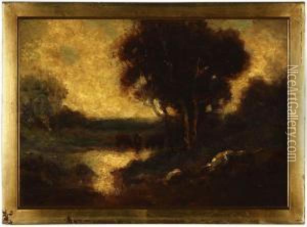 Nocturnal Pastoral With Cows Oil Painting - Alexis Matthew Podchernikoff