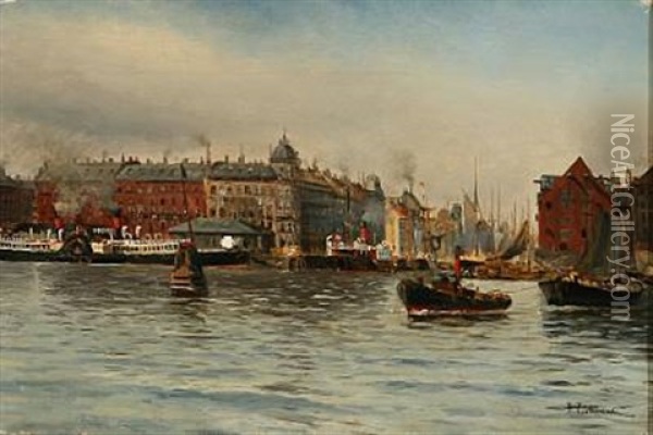 Harbour Scene From Nyhavn, Denmark Oil Painting - Holger Luebbers