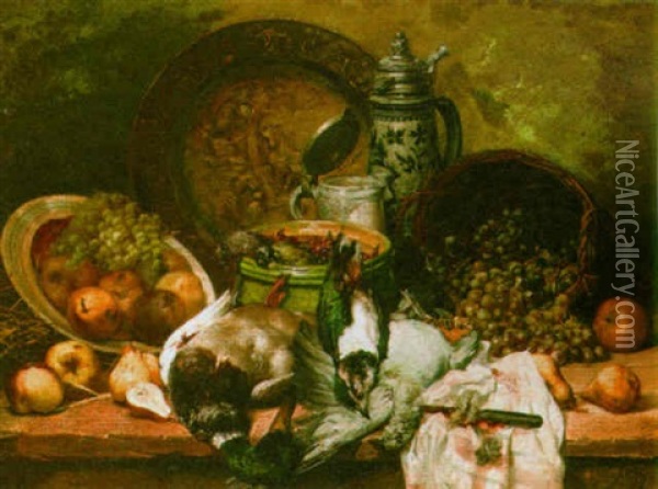 A Still Life With Poultry, Apples And Grapes In A Basket Oil Painting - Leo Van Aken