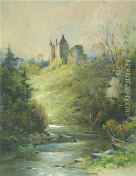 An Angler By A Castle Oil Painting - Murray Macdonald