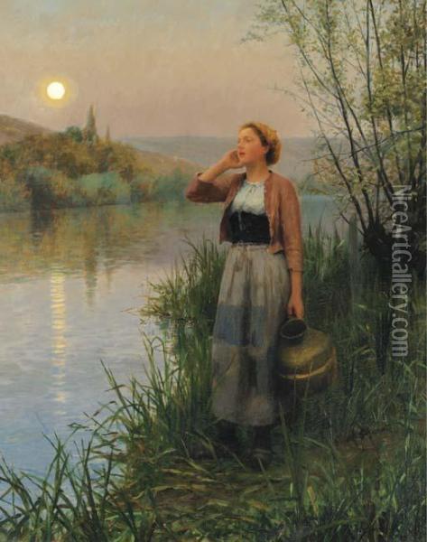 Hailing The Ferry, Twilight Oil Painting - Daniel Ridgway Knight