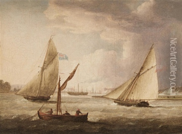 Shipping Off Gravesend And Naval Cutters Off Portsmouth, A Pair Oil Painting - Thomas Buttersworth