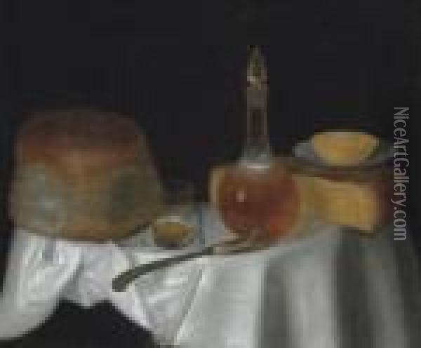 Cheese, Bread, A Glass Of Beer And A Decanter Of Wine Oil Painting - George, of Chichester Smith