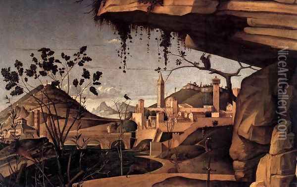 St Jerome Reading in the Countryside (detail) Oil Painting - Giovanni Bellini