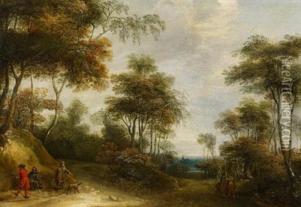 Flemish Woodland Landscape With Walkers Oil Painting - Lucas Van Uden
