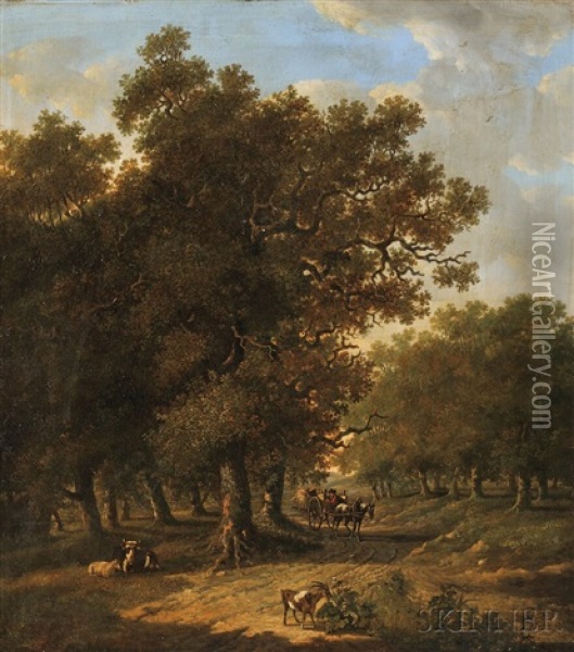 Wooded Landscape With Horse Cart And Livestock Oil Painting - Hendrik Barend Koekkoek