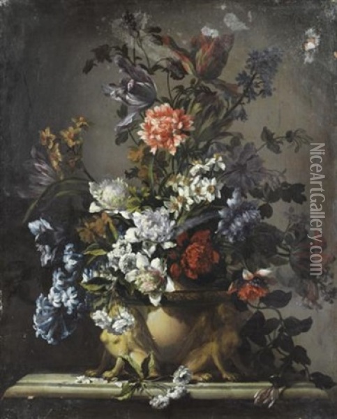 Bouquets De Fleurs Dans Des Vases Ornes Sur Des Entablements (pair) Oil Painting - Jean-Baptiste Monnoyer