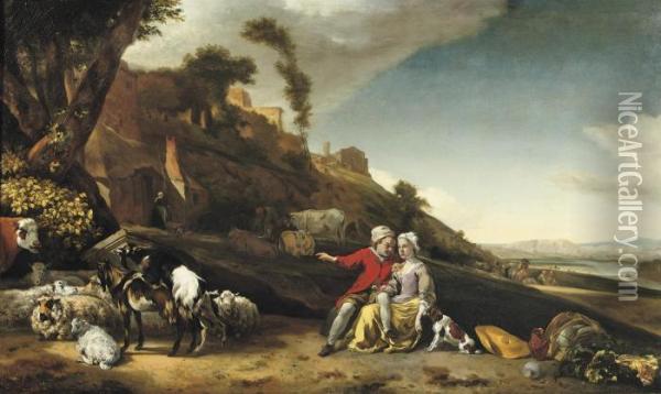A Young Couple With Goats And Sheep In An Italianatelandscape Oil Painting - Jan Weenix