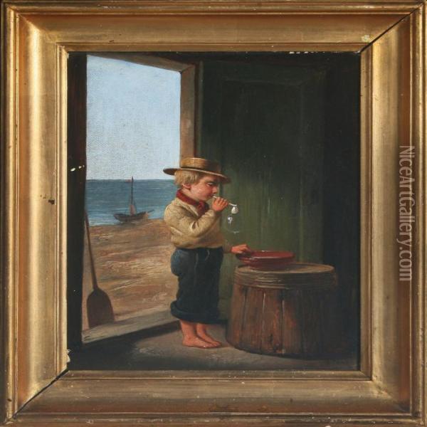 Boy Blowing Bubbles Oil Painting - Christian Andreas Schleisner