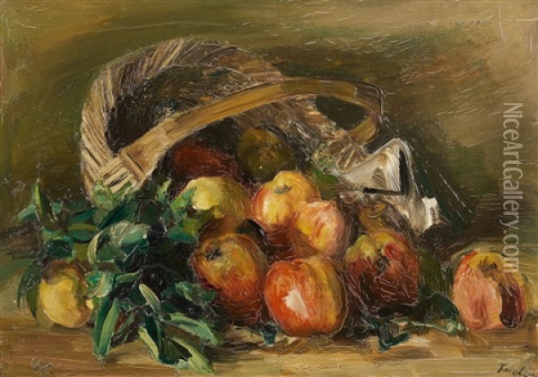 Still Life With A Basket Of Apples Oil Painting - Fritz Feigler