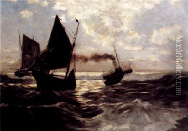 Marine Mit Booten Zwischen Heranrollenden Wogen Oil Painting - Emil Kraus