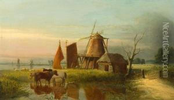 Windmill On The Marshes Oil Painting - Anthony Sandys