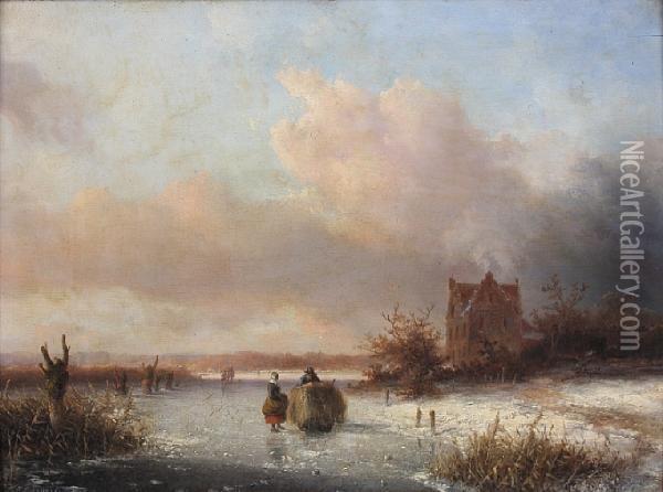 Frozen River Scene Oil Painting - J.H. Brouwer