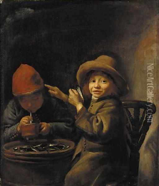 A boy eating mussels, another lighting a pipe Oil Painting - Jan Miese Molenaer