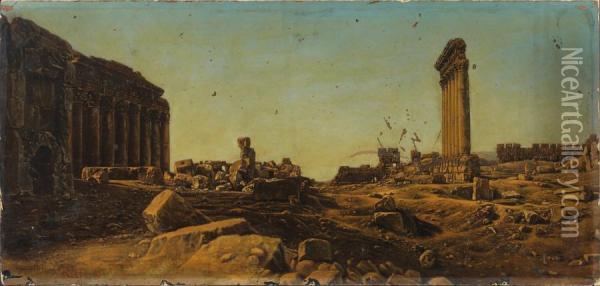 Panorama De Baalbeck, Templede Bacchus Et Les Six Colonnes Oil Painting - Gustave Le Gray