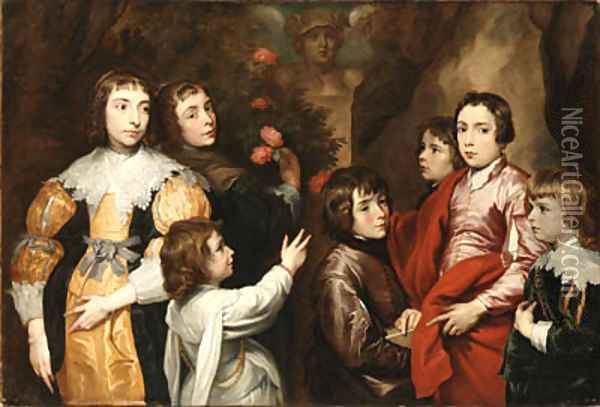 A Group Portrait, said to be the Bolingbroke family, in an ornamental garden Oil Painting - Sir Anthony Van Dyck