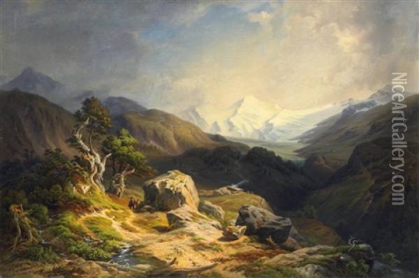 Sennhutte In Einem Weiten Alpental Oil Painting - Friedrich Wachsmann