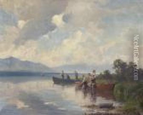 Fischer Beim Einholen Der Netze Am
 Ufer Des Chiemsees. Oil Painting - Willy Moralt