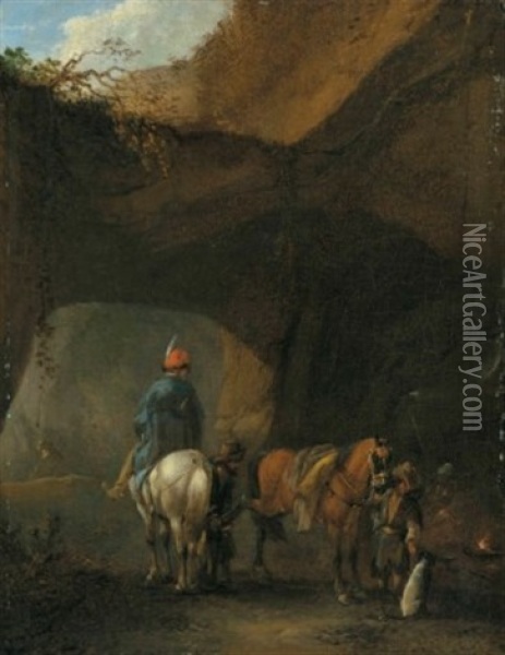 Riders At Rest Beneath A Bridge Oil Painting - Philips Wouwerman
