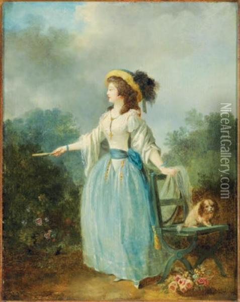 A Lady With A Dog In A Garden Oil Painting - Jean-Frederic Schall