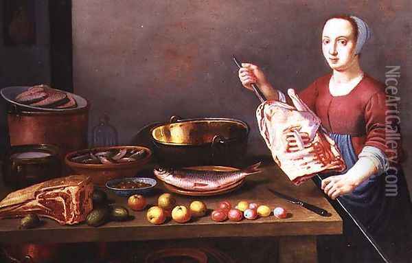 A Still Life of Meat and Fish with a Cook Oil Painting - Floris Gerritsz. van Schooten