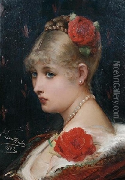 Roses And Pearls - Portrait Of A Young Woman Oil Painting - Leon Herbo