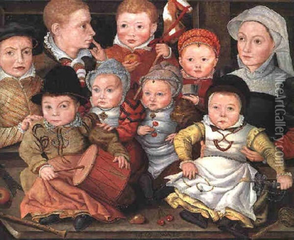 Portrait Of A Mother And Her Eight Children, Each Holding Various Toys, In An Interior Oil Painting - Jakob Seisenegger