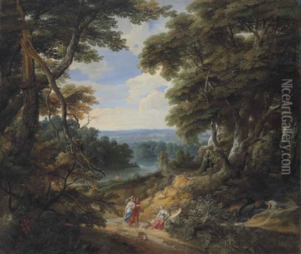 A Wooded Landscape With Figures And A Dog On A Path, With A River And A Castle In The Distance Oil Painting - Jacques d' Arthois