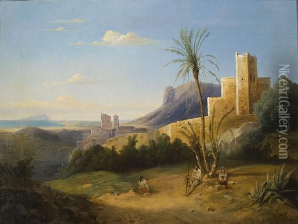 Paesaggio Di Terracina Con Sfondo Del Circeo Oil Painting - Jules Louis Phillipe Coignet