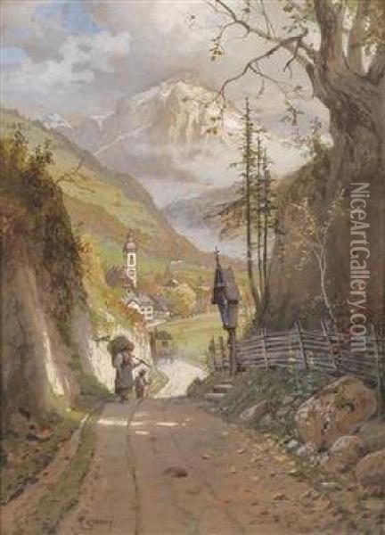 A View To Ramsau Near Berchtesgarden Oil Painting - Georg Janny