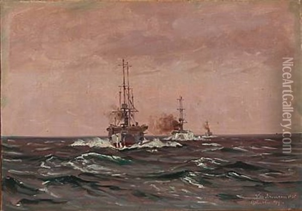 Seascape From The Baltic Sea With Warships Oil Painting - Vilhelm Karl Ferdinand Arnesen