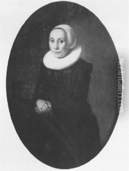 Portrait Of A Lady, Standing Small Three-quarter Length     Wearing A Black Costume With Awhite Ruff And A White Cap Oil Painting - Thomas De Keyser
