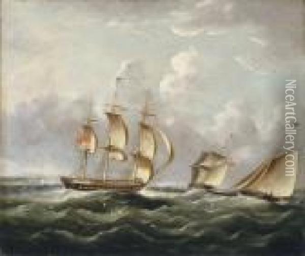 Ships Of The Royal Navy Running Up The Coast Passing A Headland Oil Painting - James E. Buttersworth