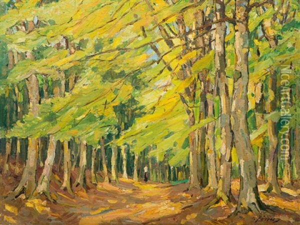 Forest Path With Walker Oil Painting - Carl Joerres