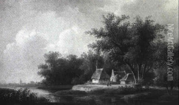 Landscape/ View With Cottages On The Banks Of A River Oil Painting - Willem De Klerk