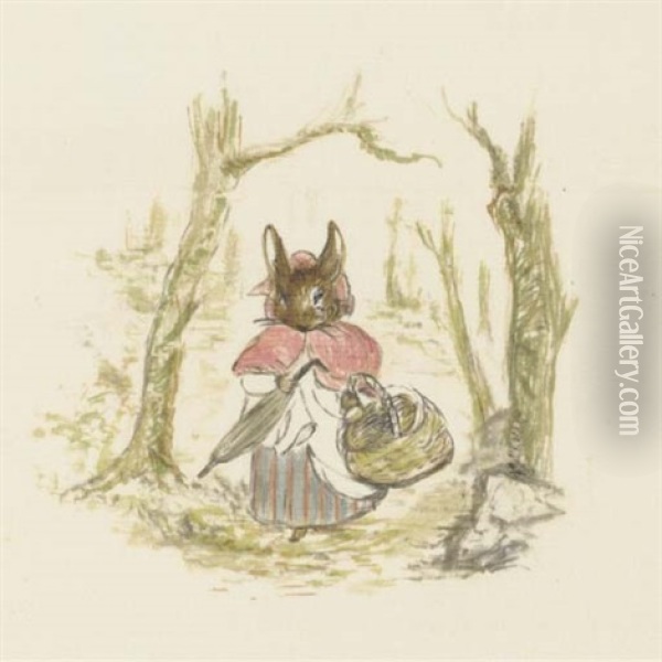 Then Old Mrs. Rabbit Took A Basket And Her Umbrella... Oil Painting - Beatrix Potter