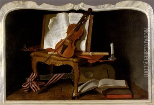 Les Attributs De La Musique Dans Un Encadrement De Marbre Simule Oil Painting - Michel Boyer