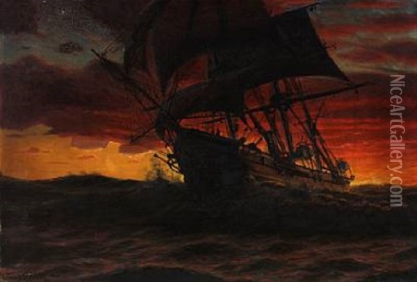 Seascape With A Sailing Ship In The Sunset Oil Painting - Thorolf Pedersen