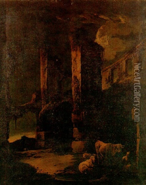 Paysage Aux Ruines Antiques Et Aux Vaches Oil Painting - Joseph Roos