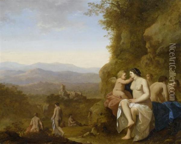 Italian Landscape With Nymphs And Cupid Oil Painting - Cornelis Van Poelenburch