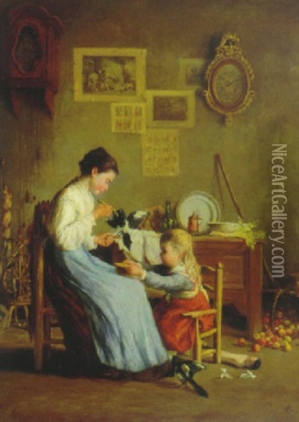 Mother And Daughter Tending To Their Pet Bird Oil Painting - Jean-Paul Haag