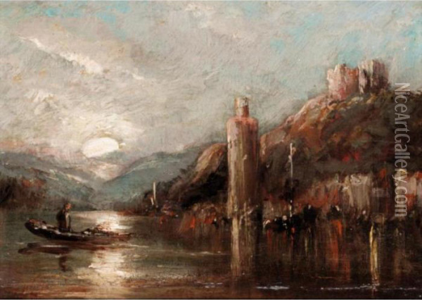 Lake Landscape By Moonlight Oil Painting - James Webb