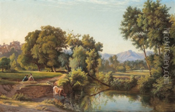 Bewaldete Landschaft Mit Figurlicher Staffage Oil Painting - Gregoire Isidore Flacheron