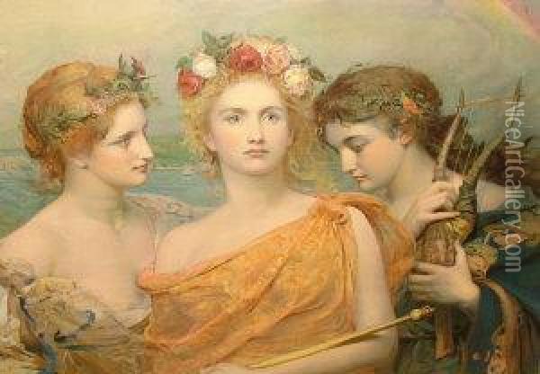 The Three Graces; Chromolithograph, Signed Within The Plate, 43x57.5cm Oil Painting - George William Joy
