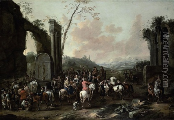 An Italianate Landscape With Travellers Gathering By A Fountain Amongst Classical Ruins Oil Painting - Simon Johannes van Douw